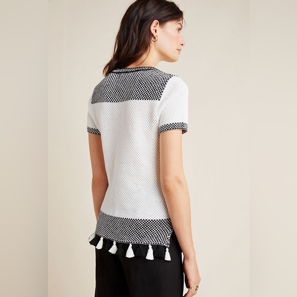 Anthropologie White Allen Sweater Tee with Black and White pom detail - Picture 2 of 9